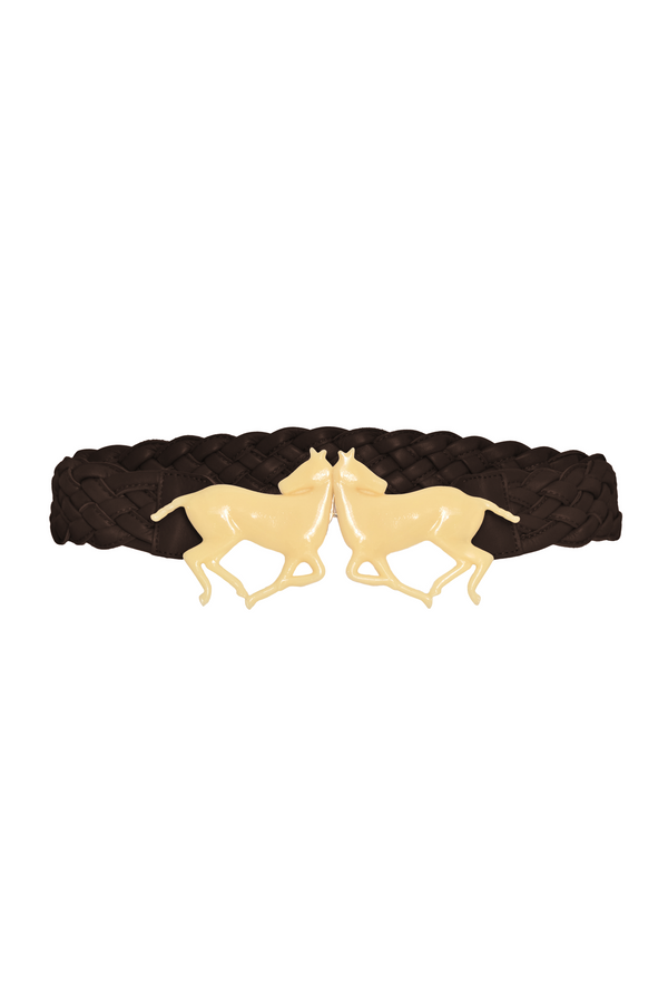 Polo braided chocolate leather belt featuring a cream-colored resin double horse buckle.