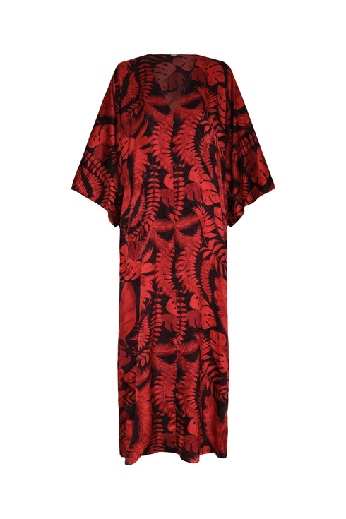 Mercedes Silk Jacquard Tunic in a cherry red rainforest print with a V-neck and wide sleeves.