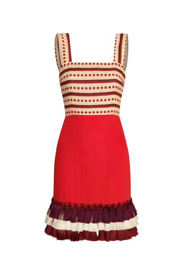 Micaela Linen Mini Dress / Red Stripes & Handmade Wine Tassels