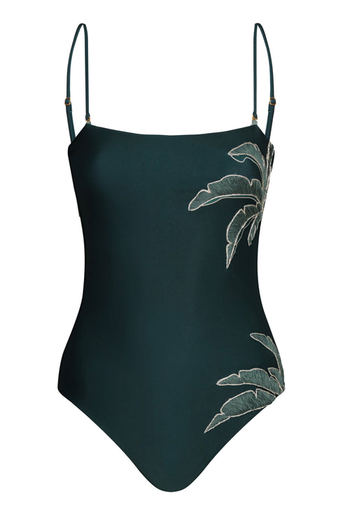 Esteros Hand Embroidered One Piece / Aquamarine Palms - Metallic Mint