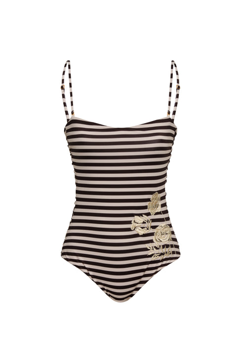 Las Balsas Embroidered One Piece / Black & White Stripes