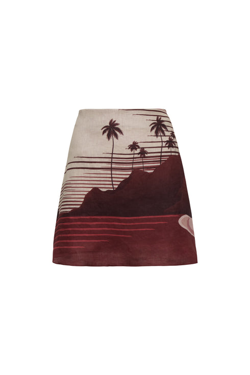 Carmelita Linen Mini Skirt / Red Tropical Landscape