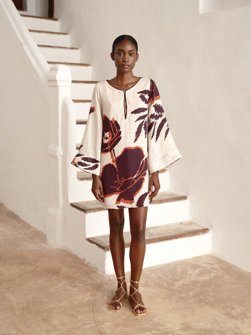 Nazare Linen Mini Tunic Dress / Ecru - Purple Gladiolos