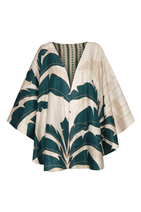 Cavalo Linen Poncho / Aquamarine Palms - Green Stripes
