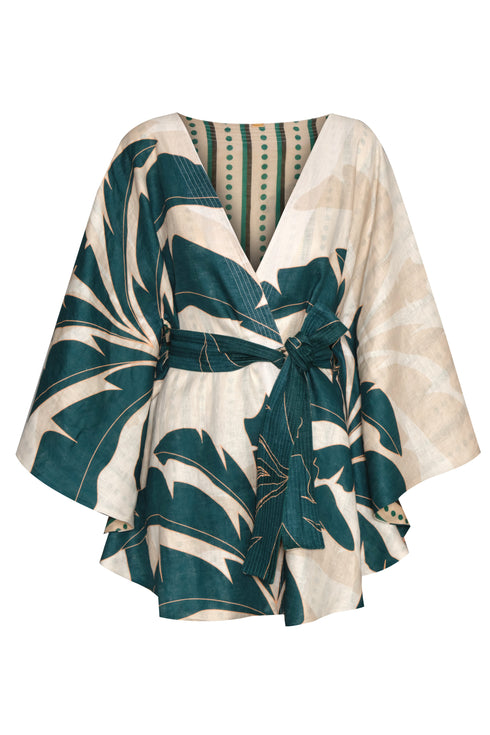 Cavalo Linen Poncho / Aquamarine Palms - Green Stripes