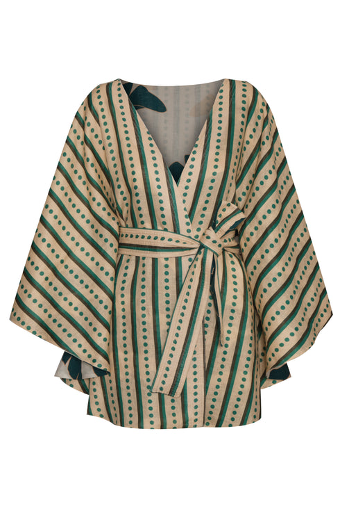 Cavalo Linen Poncho / Aquamarine Palms - Green Stripes