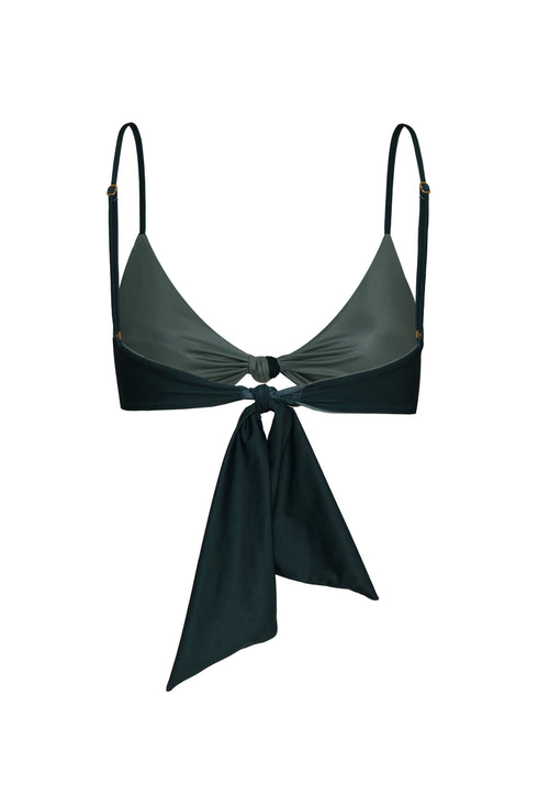 Pacifico hand embroidered top in metallic mint with a front knot and scarf-style back ties.