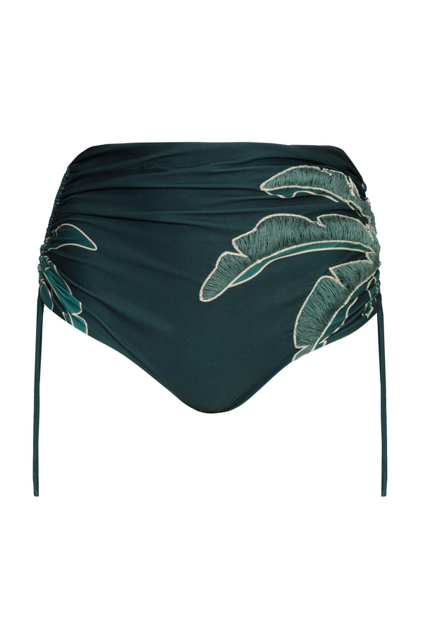 High-waisted aquamarine bikini bottom with ruched sides and hand-embroidered palm leaf details.
