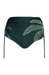 High-waisted aquamarine bikini bottom with ruched sides and hand-embroidered palm leaf details.