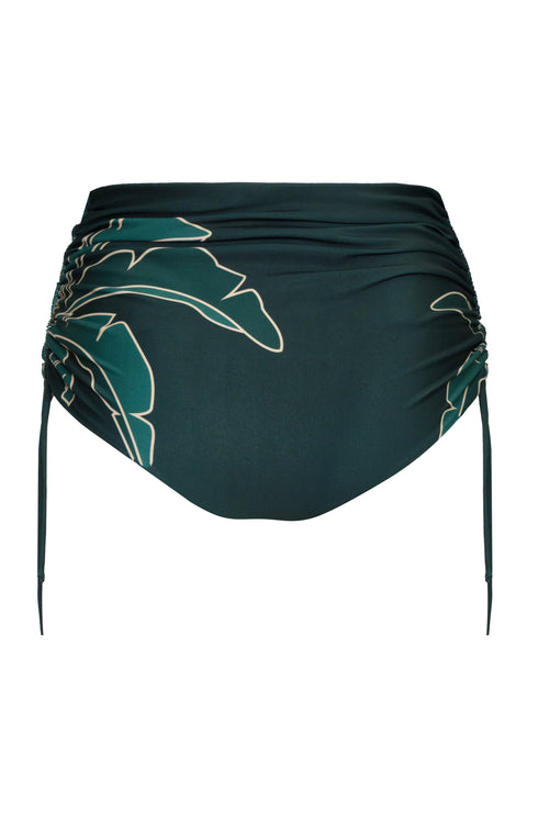 High-waisted dark green bikini bottom with metallic mint palm leaf embroidery and side ruching.