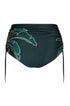 High-waisted dark green bikini bottom with metallic mint palm leaf embroidery and side ruching.