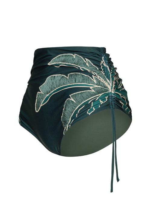 High-waisted dark green bikini bottom with hand-embroidered palm leaves and side ruching.
