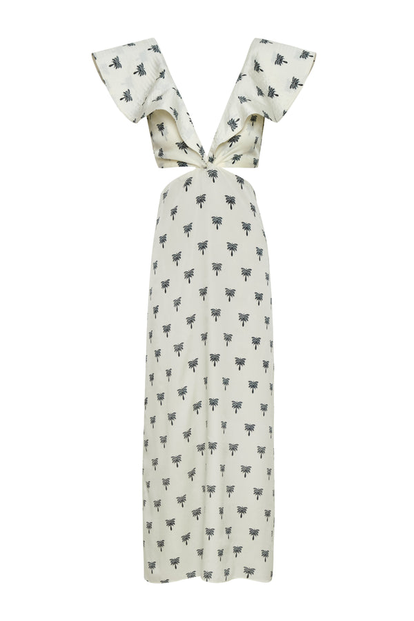 Quetzal Martellato Silk Midi Dress / Ivory - Black Polka Palms