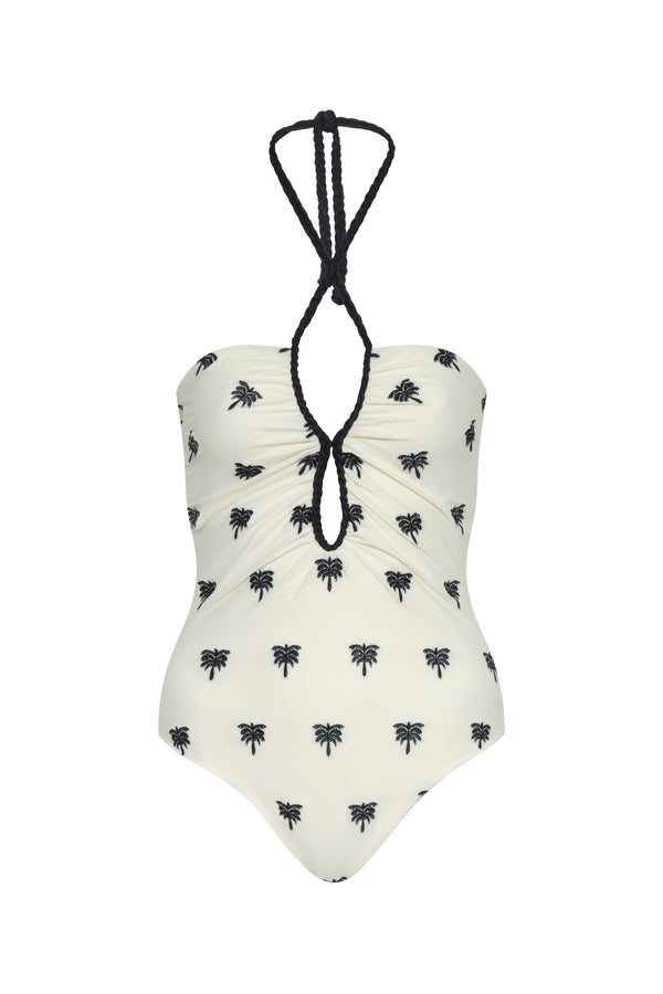 Saint Tropez Embroidered One PIece / Ivory - Black Polka Palms