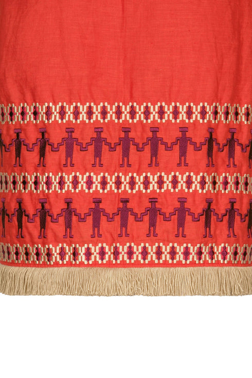 Guainia Linen Midi Skirt / Red Embroidered