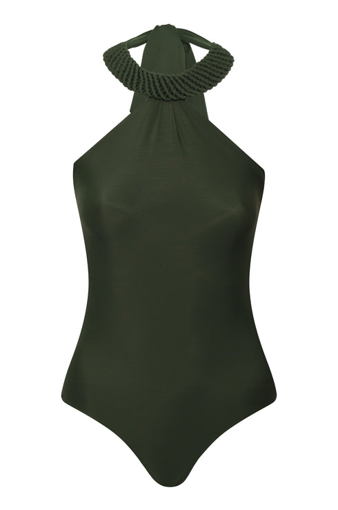 A dark green one-piece swimsuit with a high halter neckline and a thick braided collar.