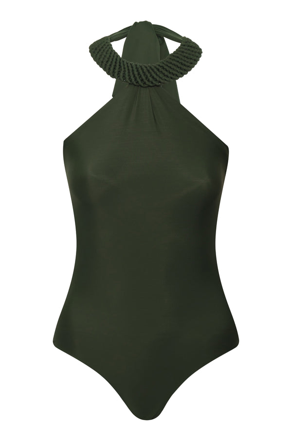 A dark green one-piece swimsuit with a high halter neckline and a thick braided collar.