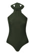A dark green one-piece swimsuit with a high halter neckline and a thick braided collar.