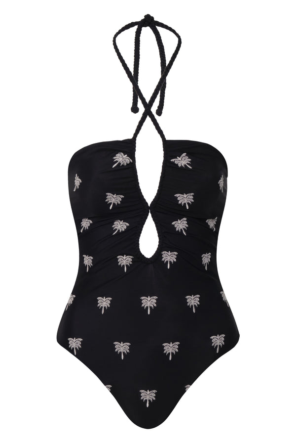 Saint Tropez Embroidered One PIece / Black - White Polka Palms