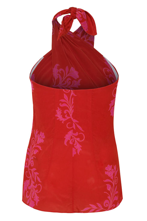 Cayetana Silk Crepe Blouse / Red & Fuchsia Buganvilias