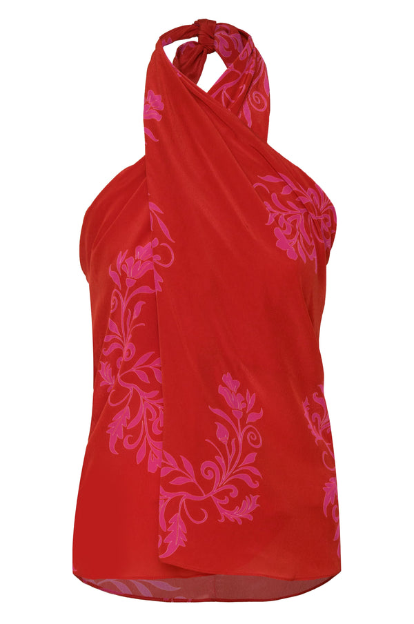 Cayetana Silk Crepe Blouse / Red & Fuchsia Buganvilias