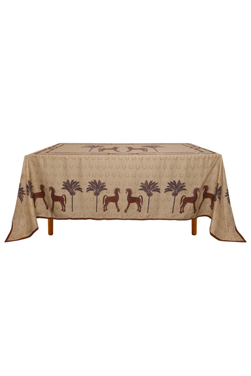 Solana Horses Linen Tablecloth / Sand & Chocolate