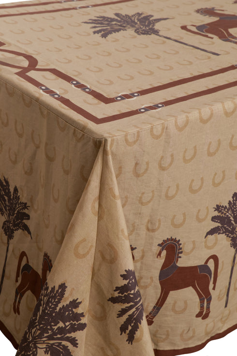 Solana Horses Linen Tablecloth / Sand & Chocolate