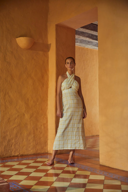 Costa del Sol Linen Maxi Dress / Yellow Squares
