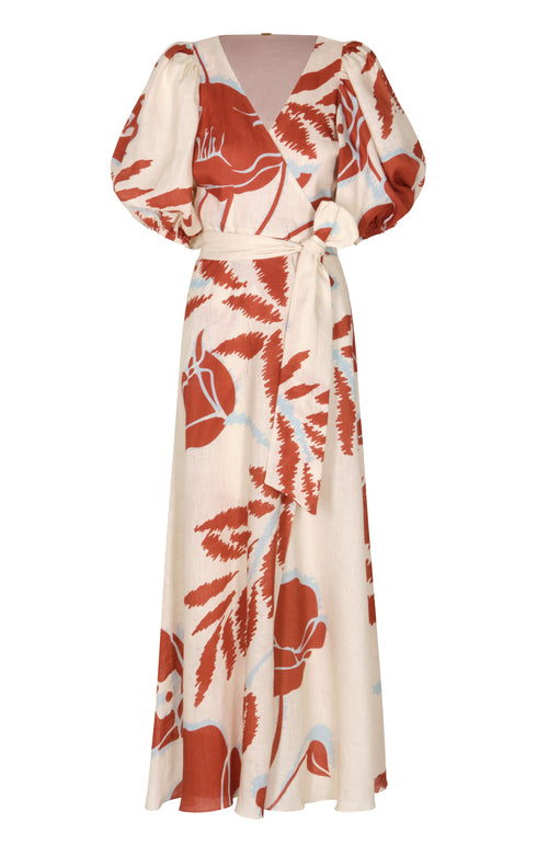 Ermita Linen Midi Dress / Ecru - Orange Gladiolos