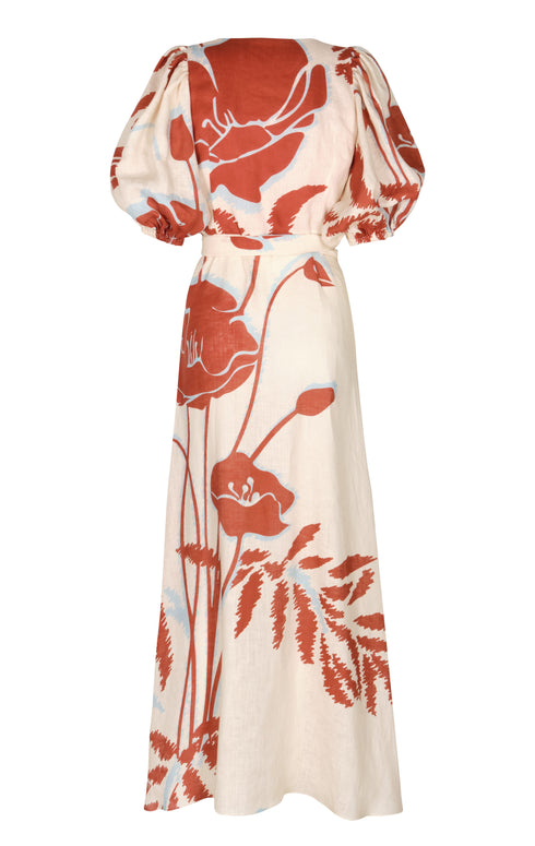 Ermita Linen Midi Dress / Ecru - Orange Gladiolos