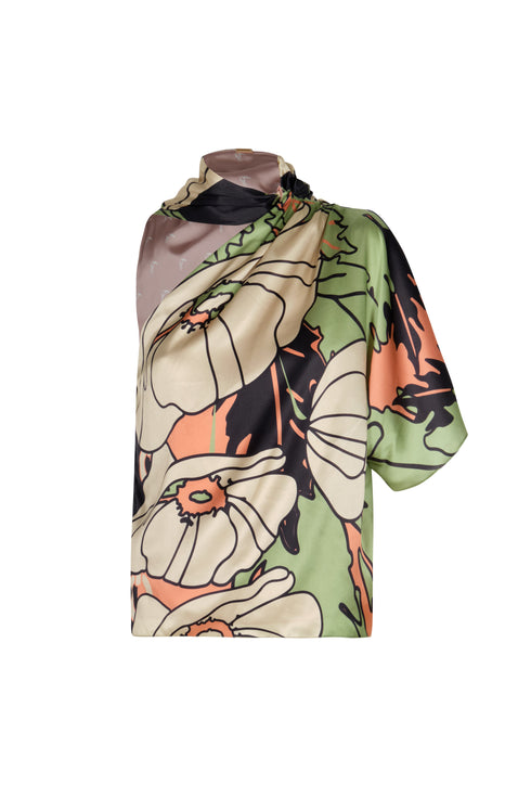 Chiminango Satin Silk Blouse / Sage Gladiolos Garden