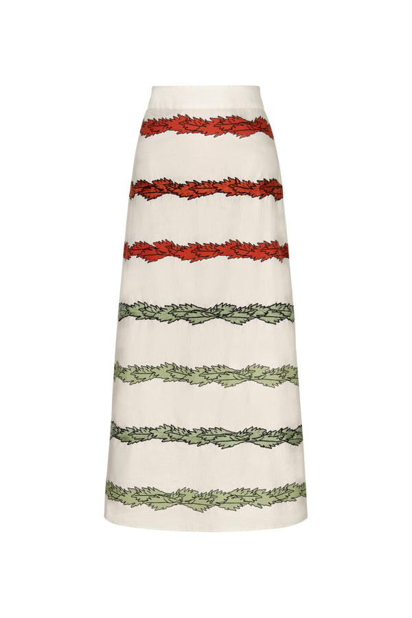El Carmen Embroidered Cotton Midi Skirt / Ivory Striped Helechos