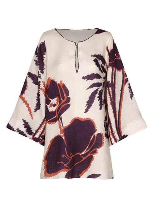 Nazare Linen Mini Tunic Dress / Ecru - Purple Gladiolos