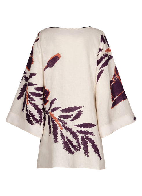 Nazare Linen Mini Tunic Dress / Ecru - Purple Gladiolos