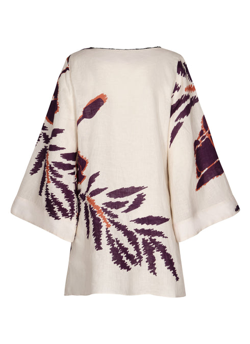 Nazare Linen Mini Tunic Dress / Ecru - Purple Gladiolos