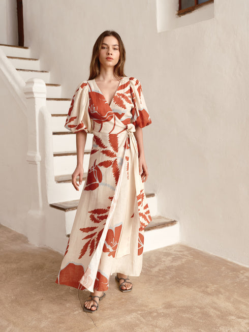 Ermita Linen Midi Dress / Ecru - Orange Gladiolos