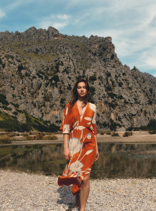 Topacio Crepe Chine Tunic Dress / Orange Gladiolos