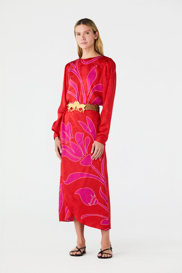 Amaime Silk Jacquard Midi Skirt / Red & Fuchsia Maxi Buganvilia