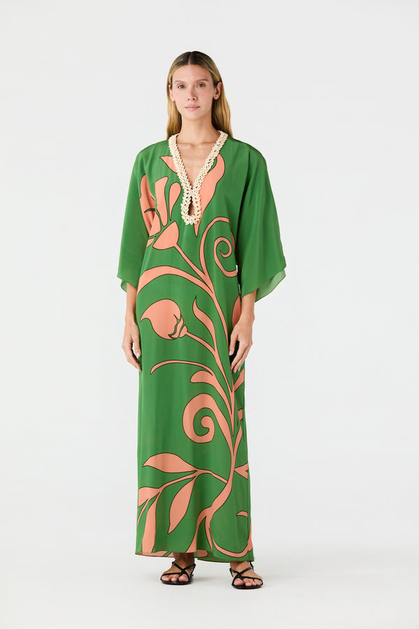 Andina Hand-Embroidered Crepe Tunic / Green Buganvilia