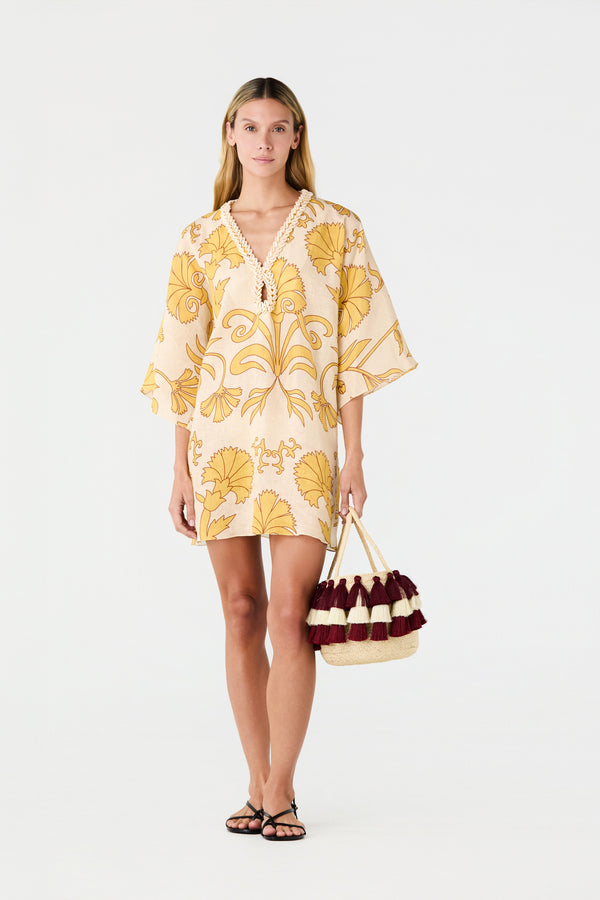 Andina Hand-Embroidered Linen Mini Tunic / Yellow Flowers