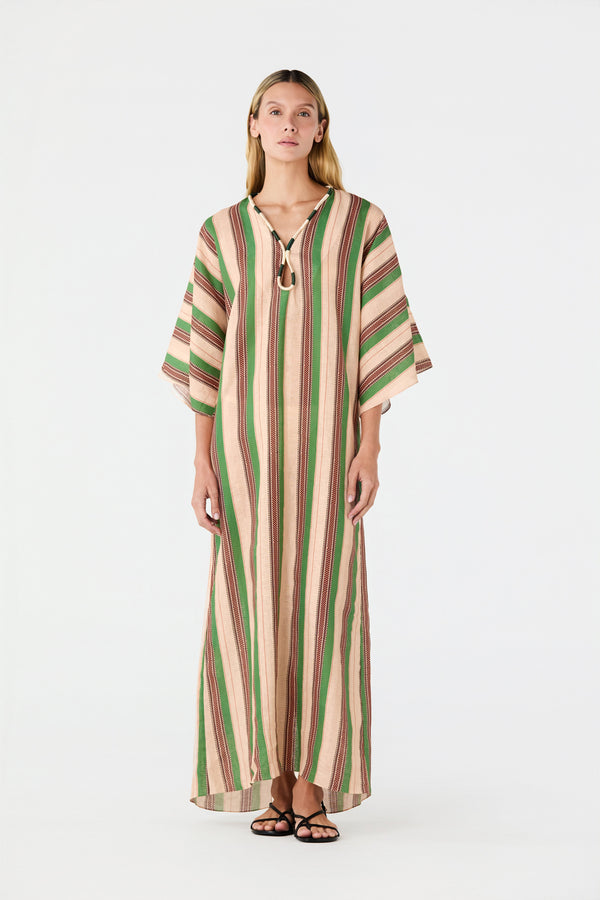 Andina Hand-Embroidered Linen Tunic / Green Artisanal Stripes