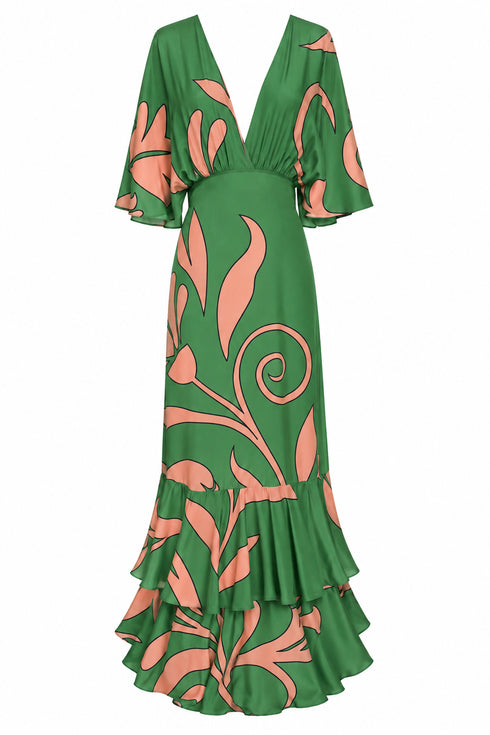 Angelica Crepe Maxi Dress / Green Buganvilia