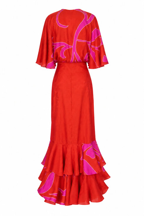 Angelica Crepe Maxi Dress / Red & Fuchsia Maxi Buganvilia