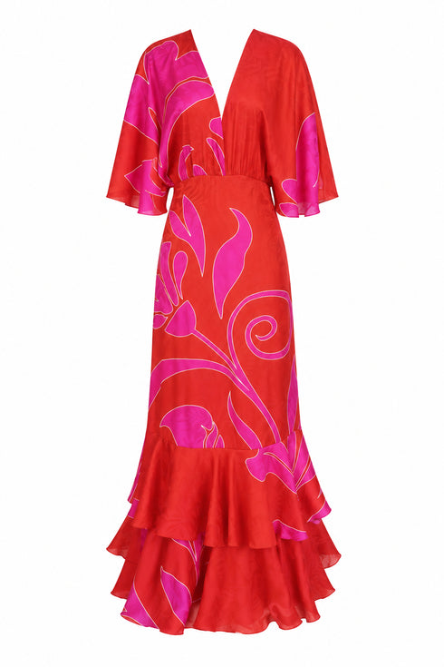 Angelica Crepe Maxi Dress / Red & Fuchsia Maxi Buganvilia
