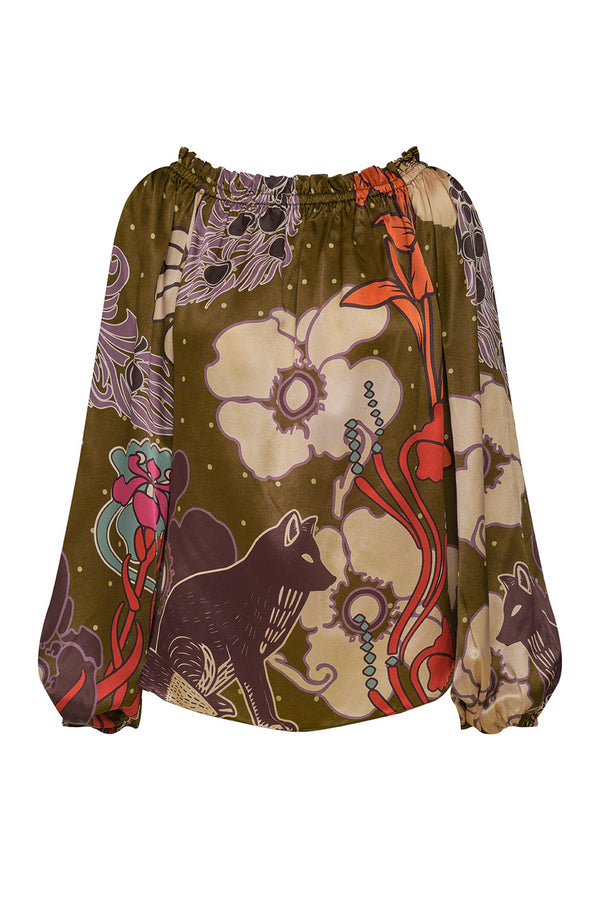 Astrid Silk Blouse / Olive Moonlight Garden