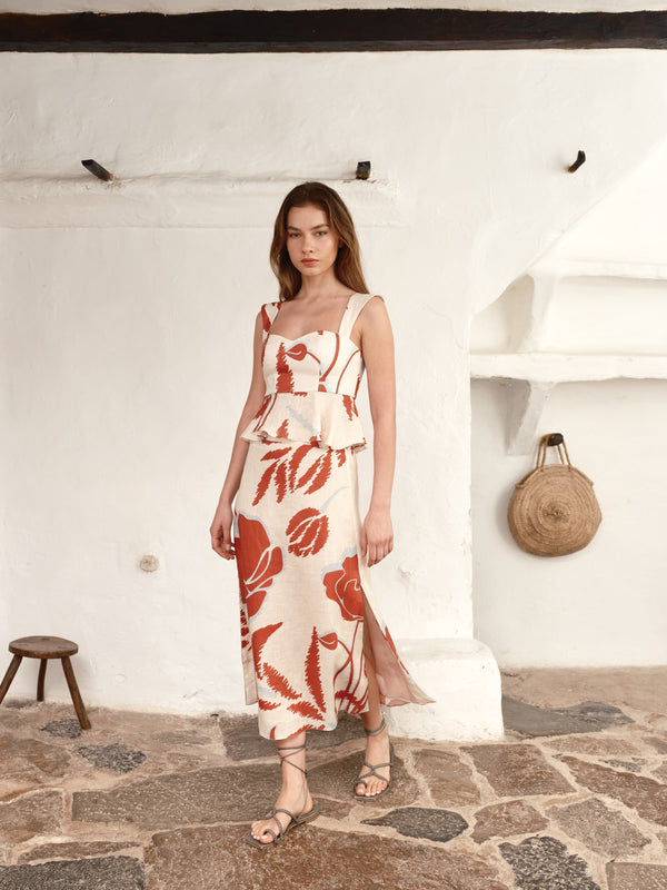 Beatrice Linen Midi Skirt / Ecru - Orange Gladiolos