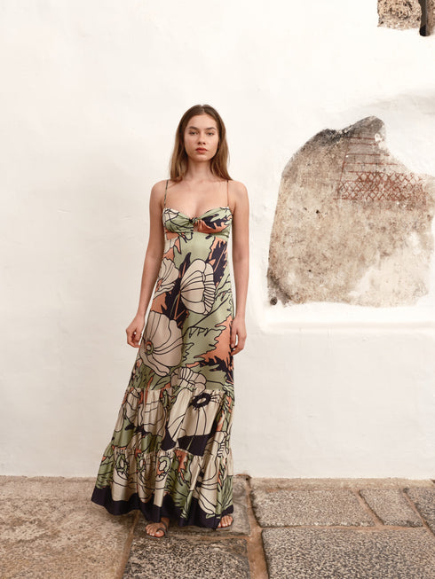 Julieta Satin Silk Maxi Dress / Sage Gladiolos Garden