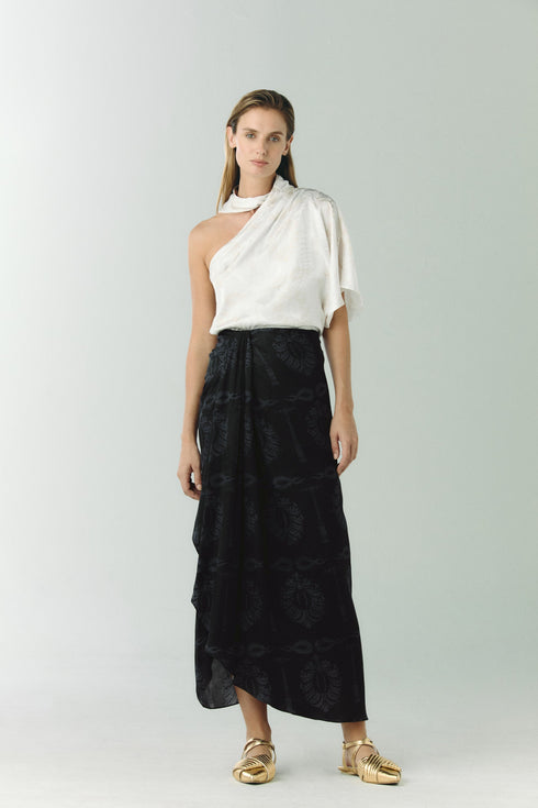 Myanmar Silk Jacquard Midi Skirt / Black