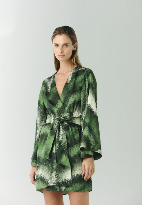Joaquina Silk Jacquard Mini Kaftan / Green Brushed