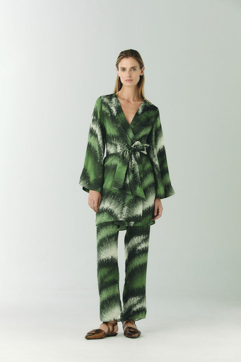 Joaquina Silk Jacquard Mini Kaftan / Green Brushed